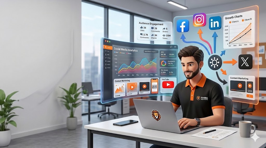 Student learning social media marketing with analytics dashboards, content marketing tools, and digital marketing strategies at Simba Infotech.