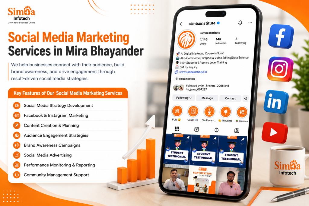 Smartphone displaying Simba Institute Instagram profile showcasing social media marketing strategies, audience engagement, and brand growth services in Mira Bhayander.