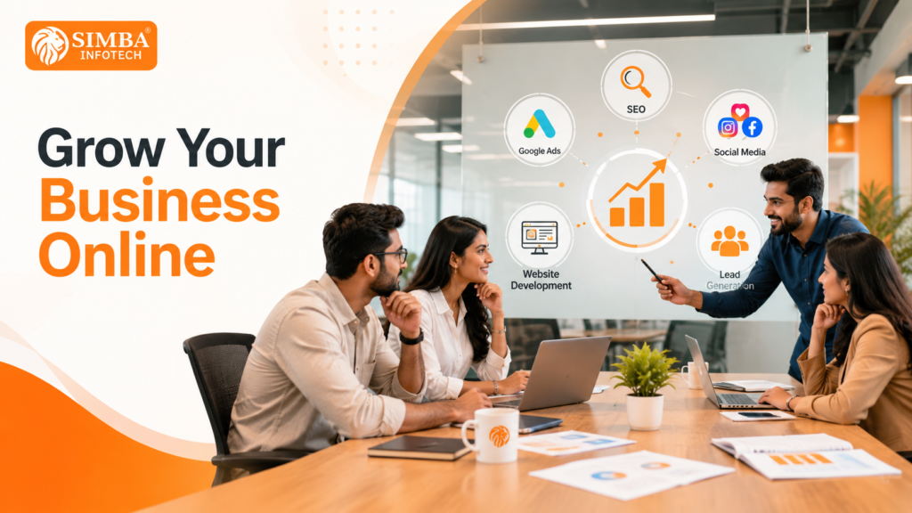 Indian digital marketing professionals discussing SEO, Google Ads, social media marketing, and business growth strategies in a modern office environment.