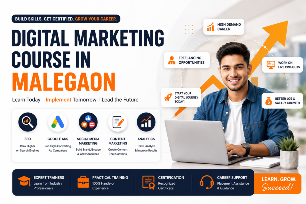 Benefits of Digital Marketing Course in Malegaon including SEO, Google Ads, Social Media Marketing, freelancing opportunities, live projects, certification, and career growth.