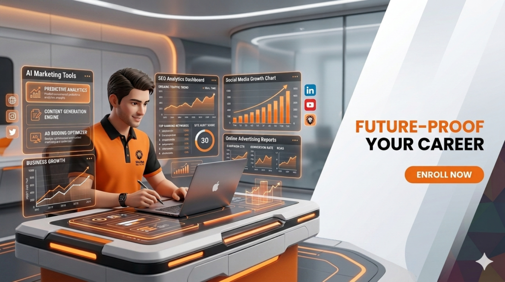 Student learning advanced digital marketing skills with AI marketing tools, SEO analytics, social media growth strategies, and online advertising dashboards at Simba Infotech.
