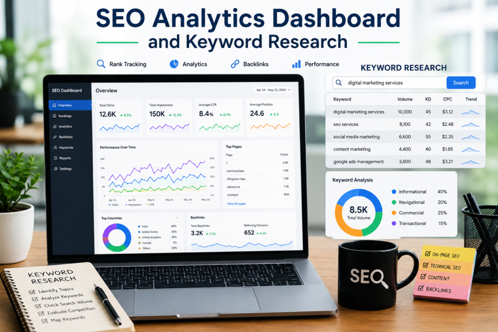 SEO analytics dashboard and keyword research