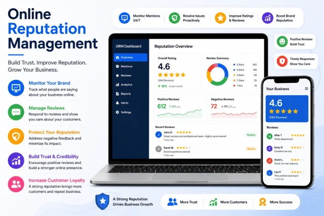 Online reputation management services monitoring reviews, improving brand image, and building customer trust online.
